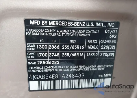 2001 Mercedes-Benz Ml 320 z USA, uszkodzony, nr VIN 4JGAB54E81A248439